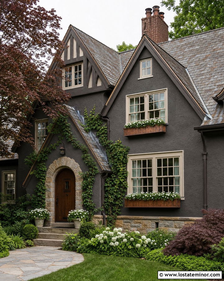 Charcoal Grey Tudor House With Copper Window Boxes - 30 Charcoal Grey House Design With Window Boxes Ideas