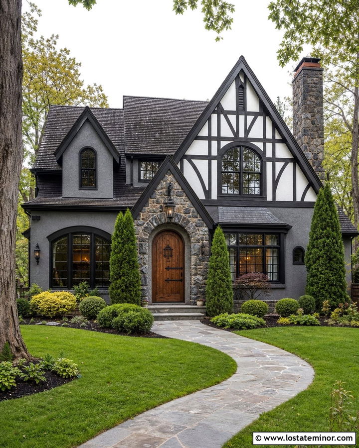 Charcoal Grey Tudor House With Gabled Dormers - 30 Charcoal Grey House Design With Dormers Ideas