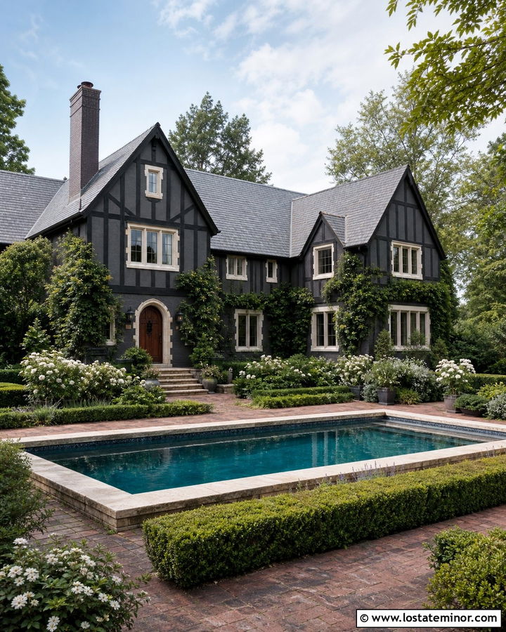 Charcoal Grey Tudor House With Garden Pool - 30 Charcoal Grey House Design With Swimming Pool Ideas