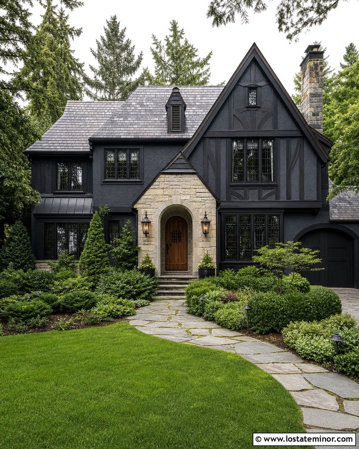 Charcoal Grey Tudor House With Iron Wall Lanterns - 30 Charcoal Grey House Design With Light Fixtures Ideas