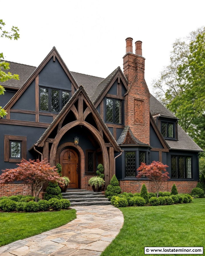 Charcoal Grey Tudor House With Oak Portico - 30 Charcoal Grey House Design With Portico Ideas