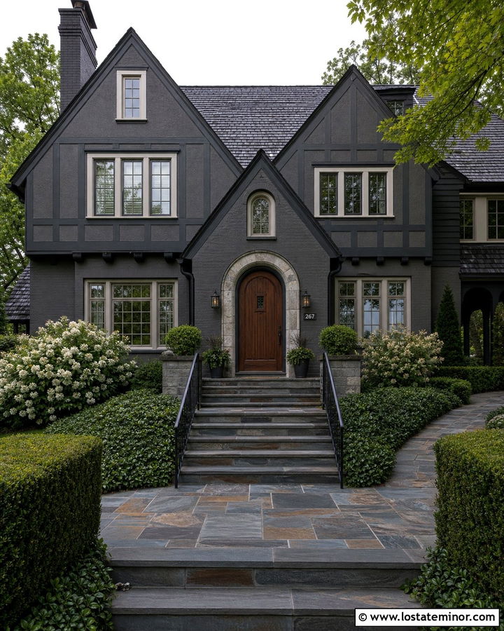 Charcoal Grey Tudor House With Slate Steps - 30 Charcoal Grey House Design With Steps Ideas