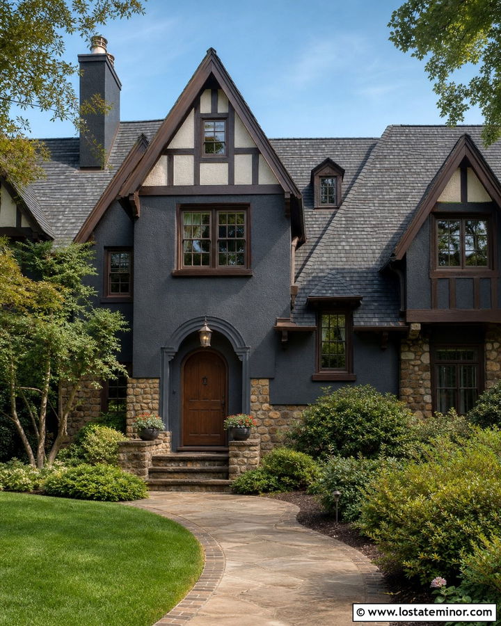 Charcoal Grey Tudor House With Textured Shingles - 30 Charcoal Grey House Design With Shingles Ideas