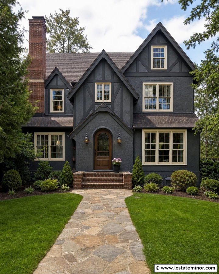 Charcoal Grey Tudor With Dark Brown Storm Door - 30 Charcoal Grey House Design With Storm Door Ideas