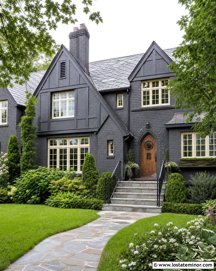 Charcoal Grey Tudor With Iron Railings - 30 Charcoal Grey House Design With Railings Ideas