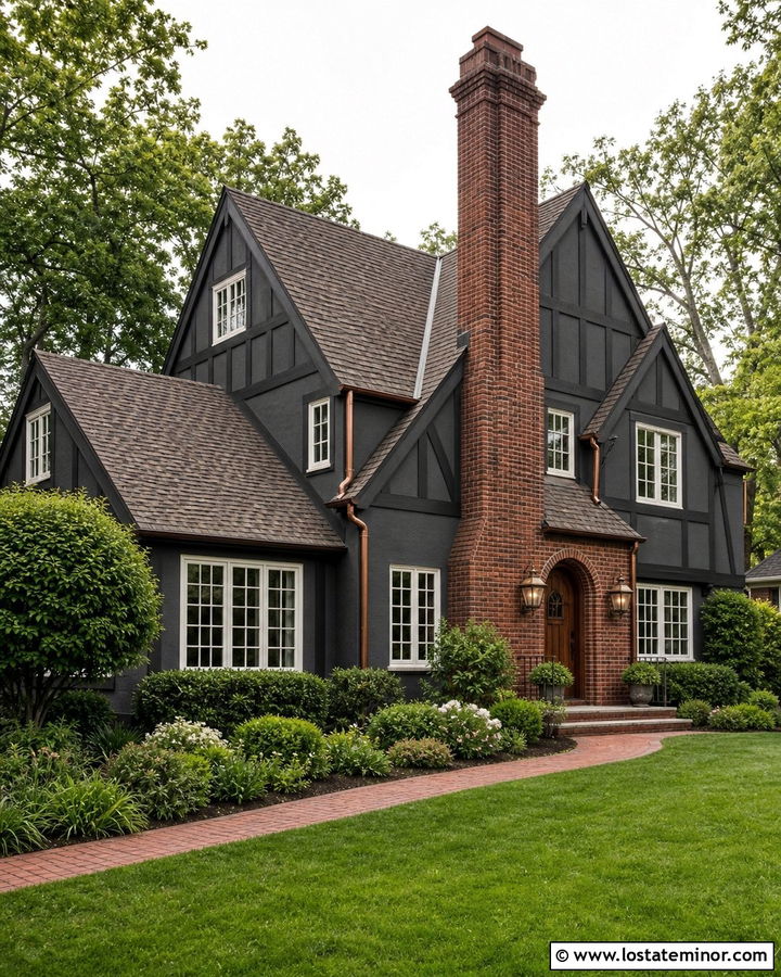 Charcoal Grey Tudor With Red Brick Chimney - 30 Charcoal Grey House Design With Chimney Ideas
