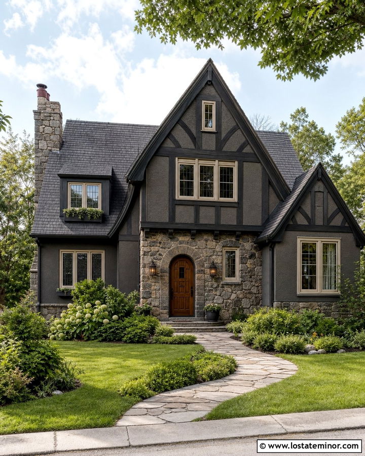 Charcoal Grey Tudor With Stone Wainscoting - 30 Charcoal Grey House Design With Wainscoting Ideas