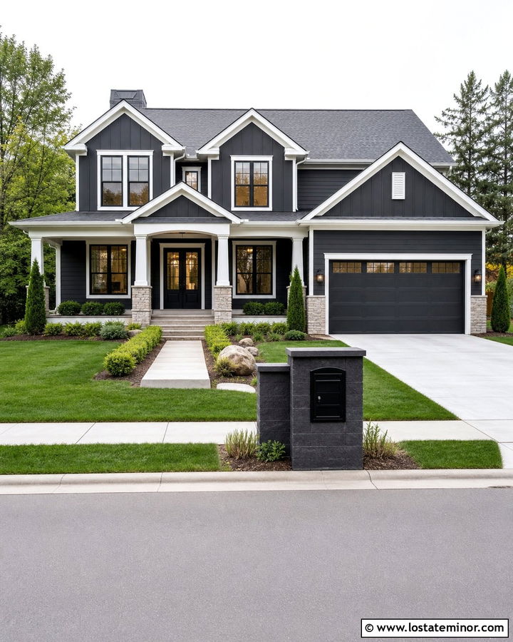Charcoal Grey Two Story House With Package Mailbox - 30 Charcoal Grey House Design With Mailbox Ideas