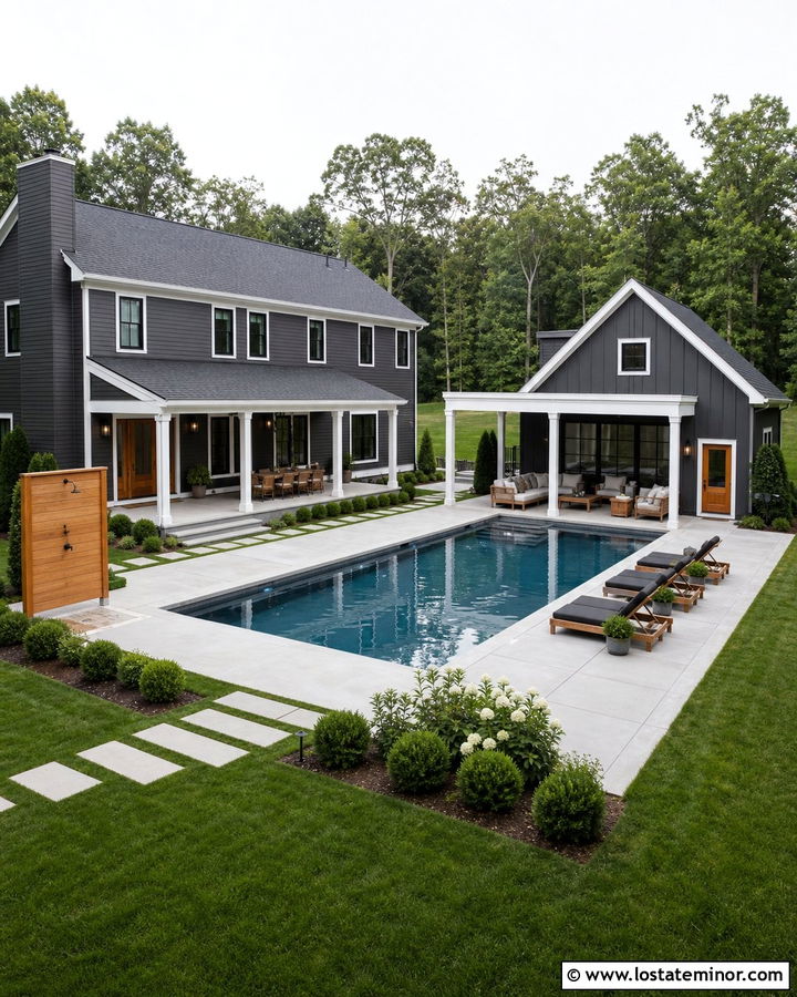 Charcoal Grey Two Story House With Pool House - 30 Charcoal Grey House Design With Swimming Pool Ideas
