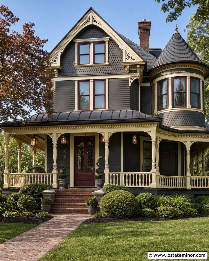 Charcoal Grey Victorian House With Curved Metal Awning - 30 Charcoal Grey House Design With Awning Ideas