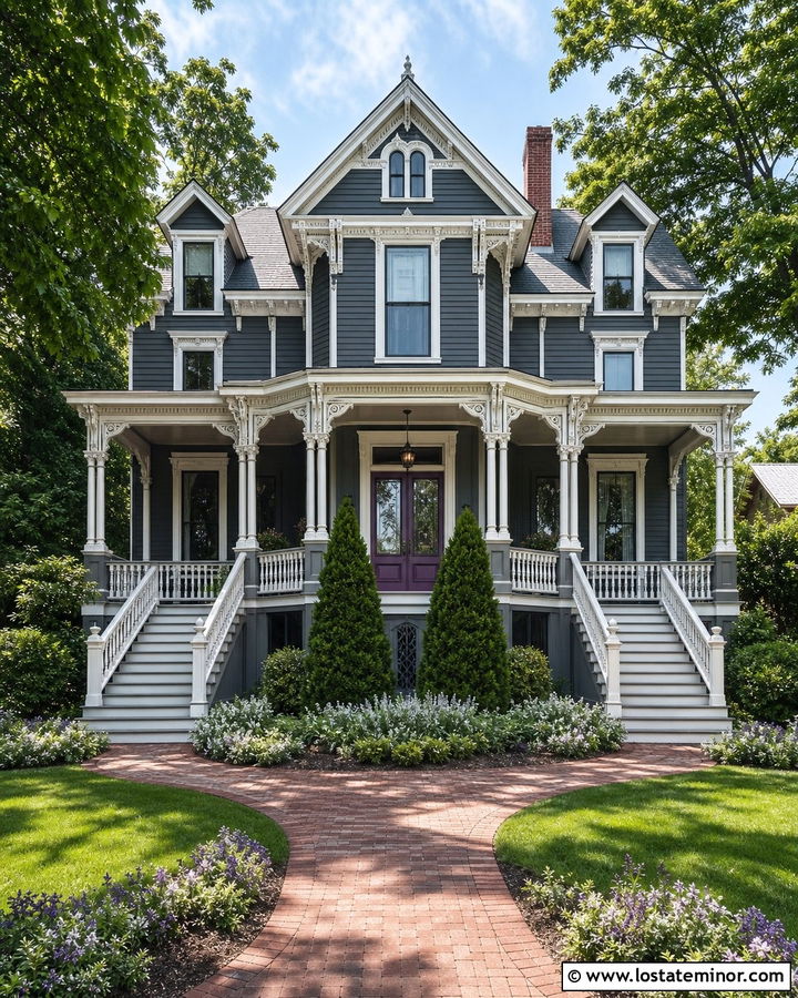 Charcoal Grey Victorian House With Double Steps - 30 Charcoal Grey House Design With Steps Ideas