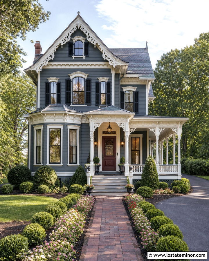 Charcoal Grey Victorian House With Hanging Lanterns - 30 Charcoal Grey House Design With Light Fixtures Ideas