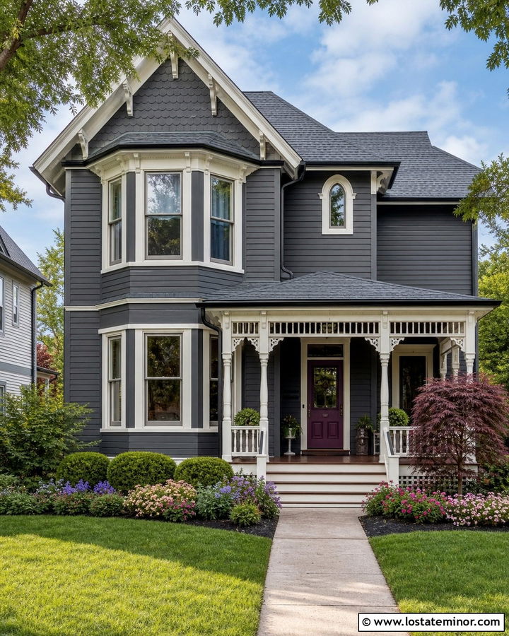 Charcoal Grey Victorian House With Scalloped Shingles - 30 Charcoal Grey House Design With Shingles Ideas