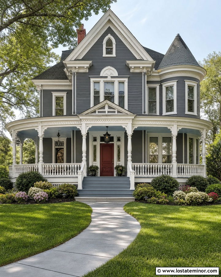 Charcoal Grey Victorian House With Wraparound Porch - 30 Charcoal Grey House Design With Front Porch Ideas