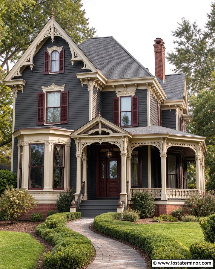 Charcoal Grey Victorian With Burgundy Shutters - 30 Charcoal Grey House Design With Shutters Ideas
