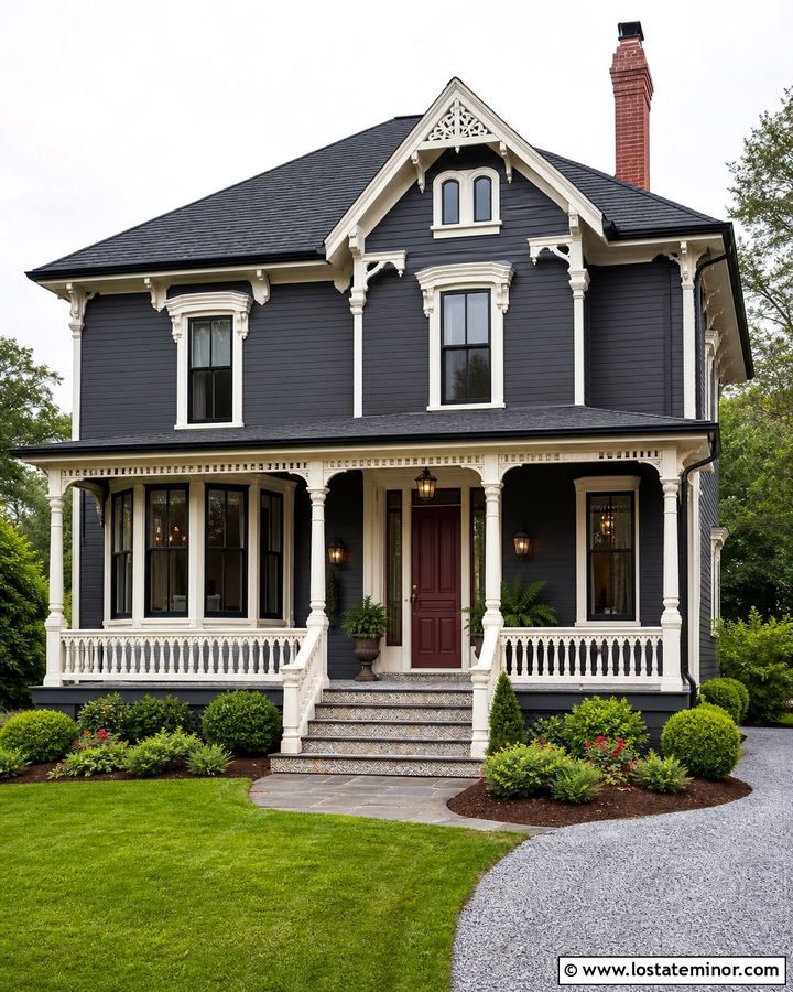 Charcoal Grey Victorian With Decorative Brick Chimney - 30 Charcoal Grey House Design With Chimney Ideas