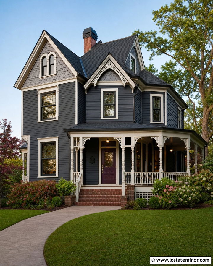 Charcoal Grey Victorian With Decorative Railings - 30 Charcoal Grey House Design With Railings Ideas