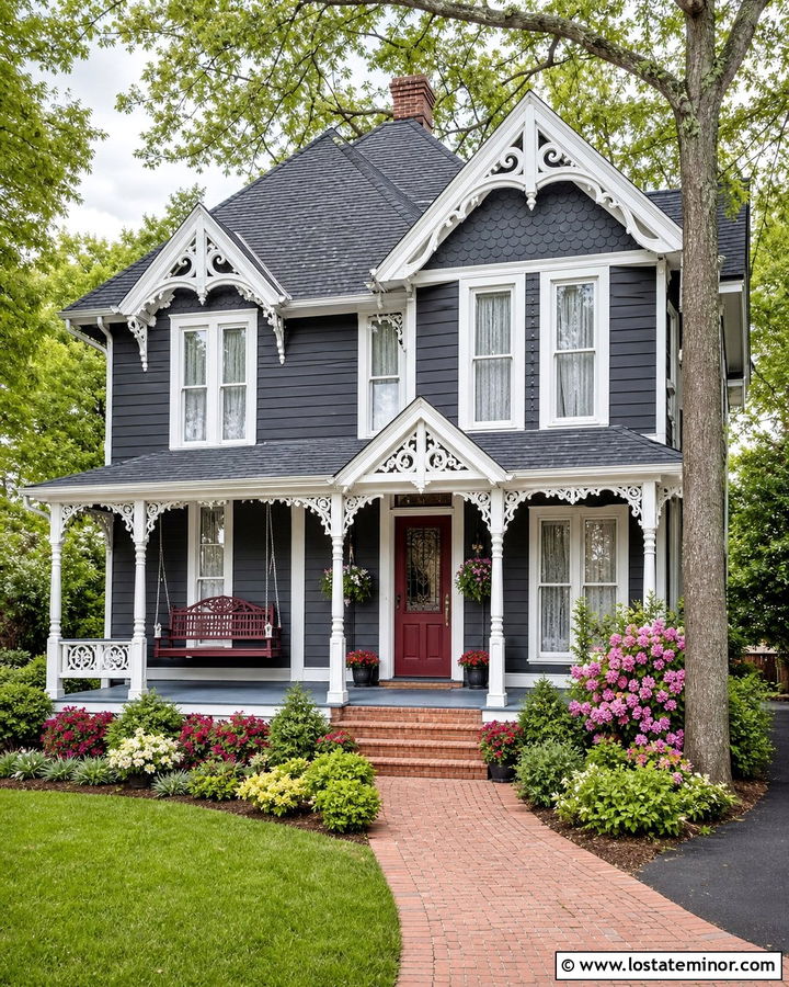 Charcoal Grey Victorian With Ornate Swing - 30 Charcoal Grey House Design With Swing Ideas