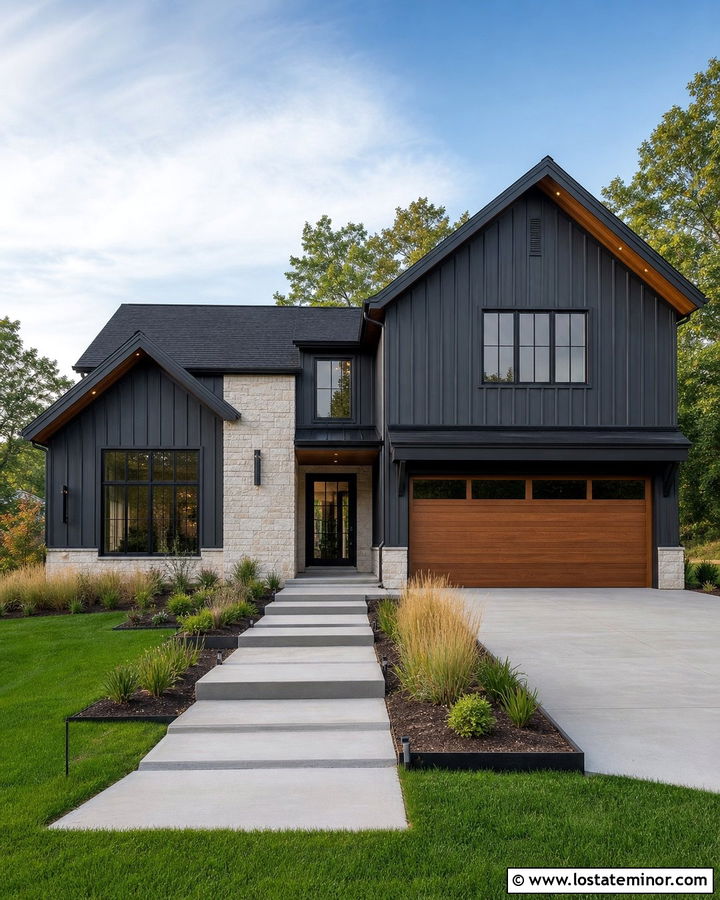 Charcoal Siding And White Limestone House - 30 Stone House Design With Siding Ideas