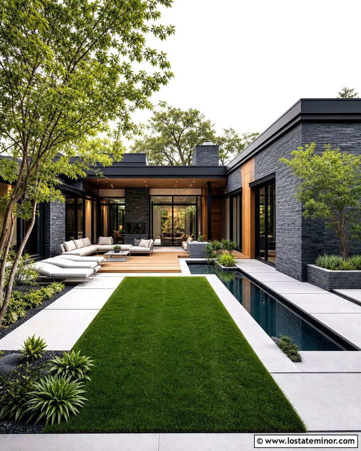 Charcoal Stone House With Courtyard Backyard - 30 Stone House Design With Backyard Ideas
