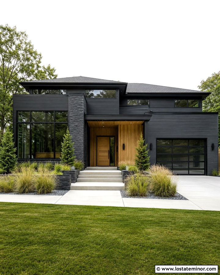 Charcoal Stone House With Natural Wood - 30 Stone House Design With Accents Ideas