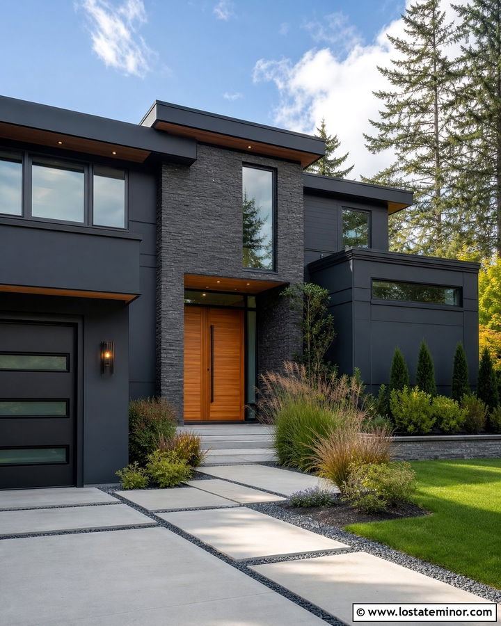 Charcoal Stone House With Wood Pivot Door - 30 Stone House Design With Front Door Ideas