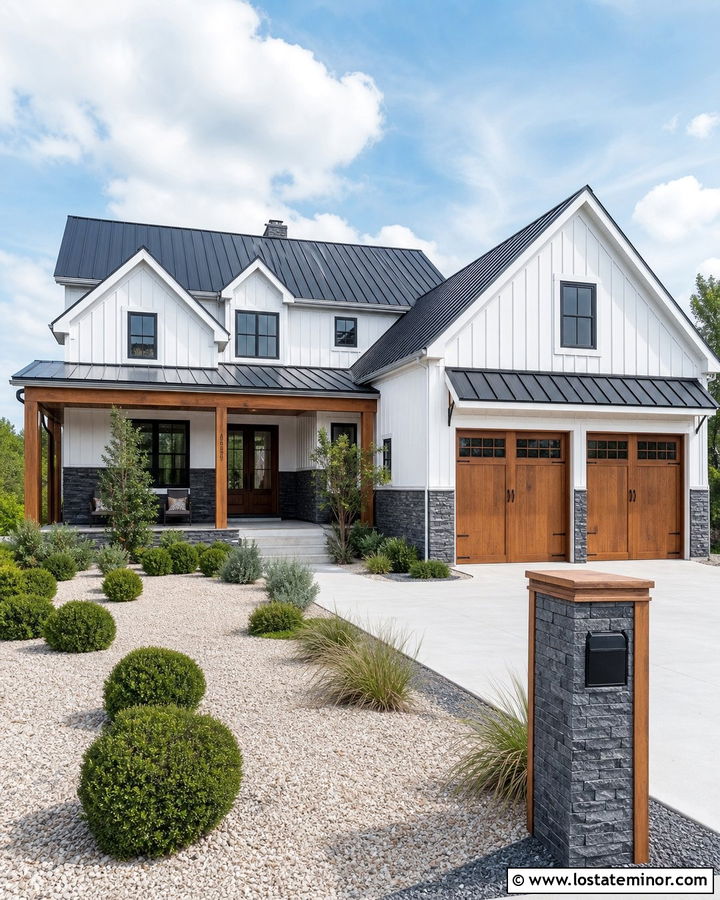 Charcoal Stone Modern Farmhouse With Wood Mailbox - 30 Stone House Design With Mailbox Ideas