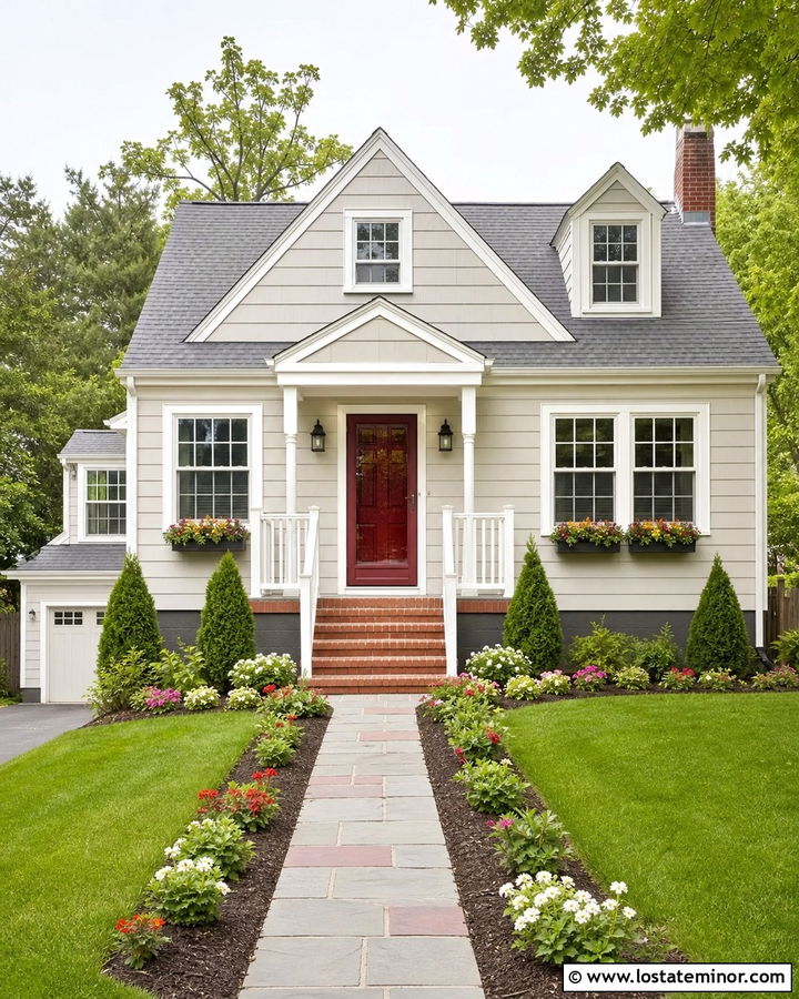 Classic Gray House With Red Storm Door - 30 Greige House Design With Storm Door Ideas