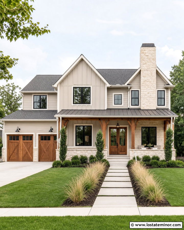 Classic Greige House With Stone And Cedar Accents - 30 Greige House Design With Stone Accents Ideas