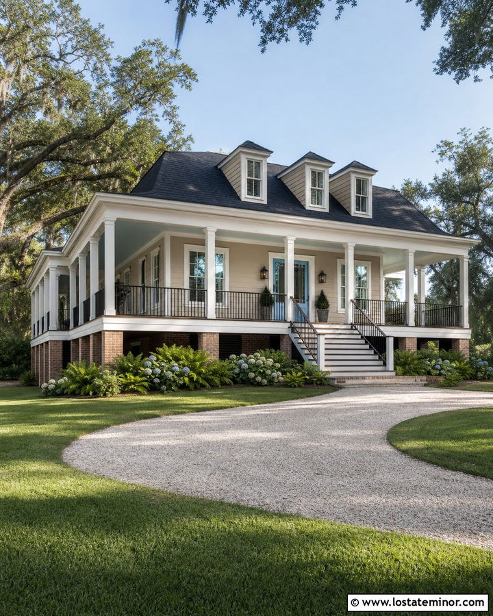 Clay Beige Lowcountry House With Wraparound Deck - 30 Beige House Design With Deck Ideas