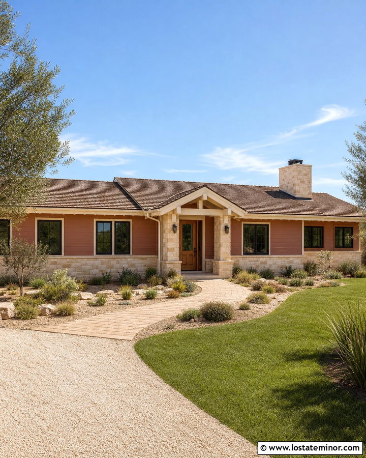 Clay Siding And Cream Stone House - 30 Stone House Design With Siding Ideas