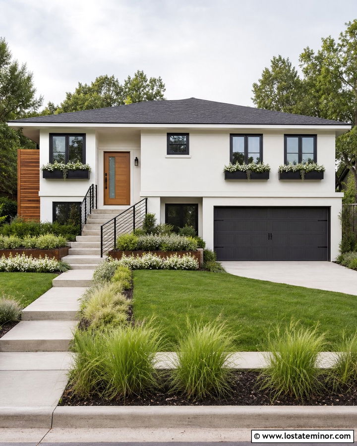 Cloud White Split Level With Black Window Boxes - 30 Warm White House Design With Window Boxes Ideas