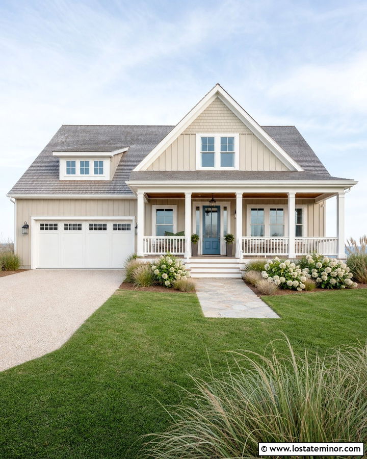 Coastal Beige Board And Batten With Blue Door - 30 Beige House Design With Board and Batten Ideas
