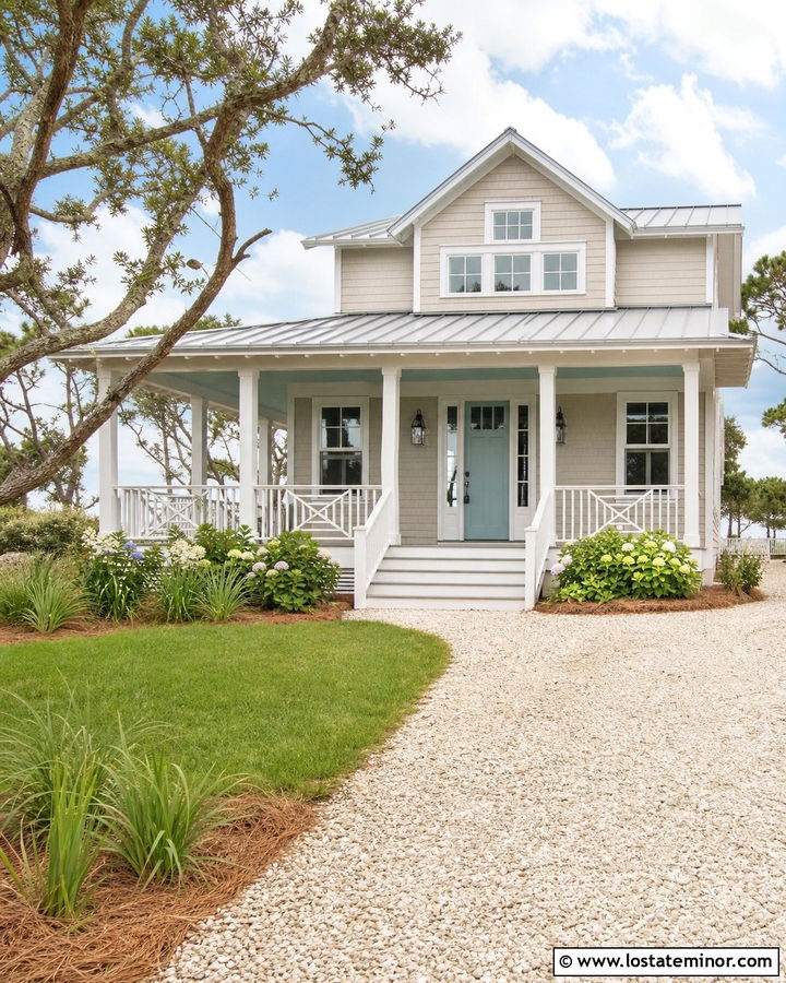 Coastal Beige House With Breezy Front Porch - 30 Beige House Design With Front Porch Ideas