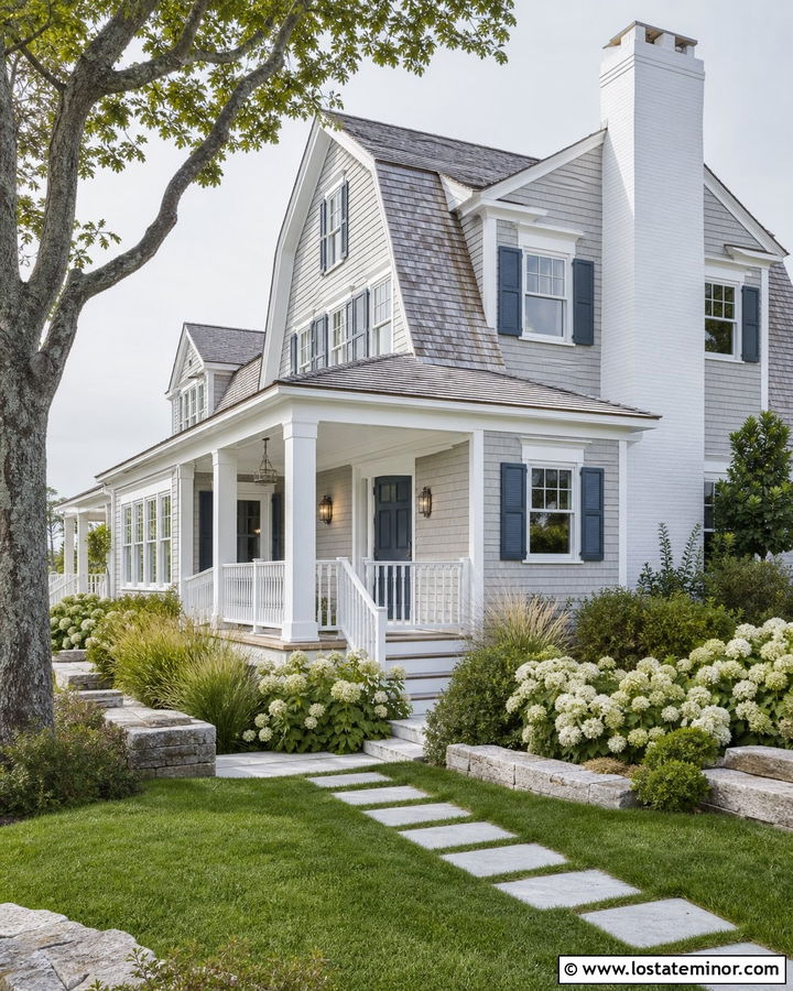 Coastal Dove Grey House With White Chimney - 30 Dove Grey House Design With Chimney Ideas