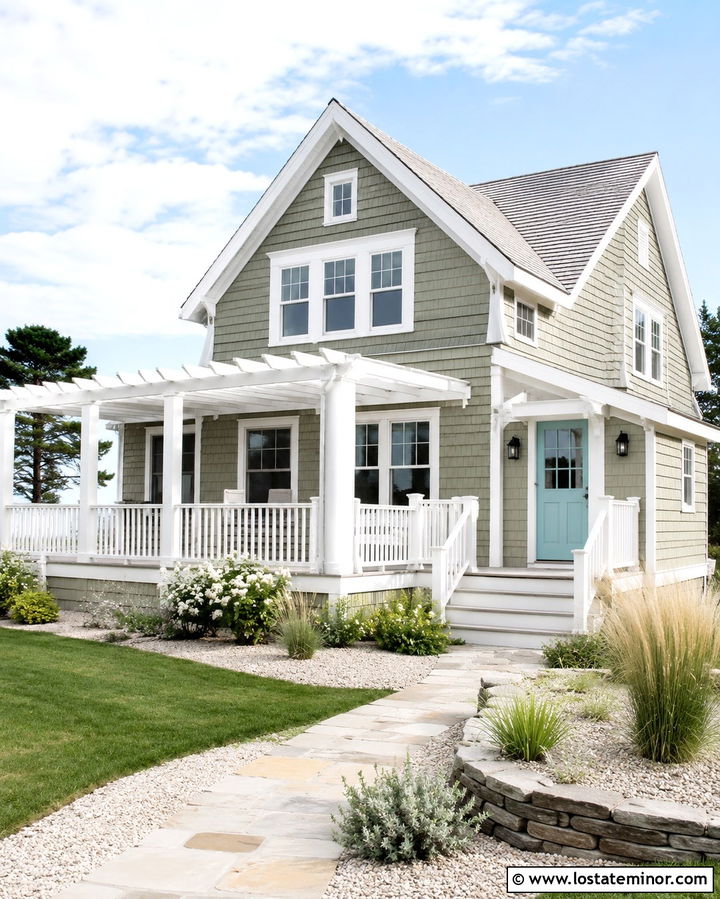Coastal Olive Green House With White Pergola - 30 Olive Green House Design With Pergola Ideas