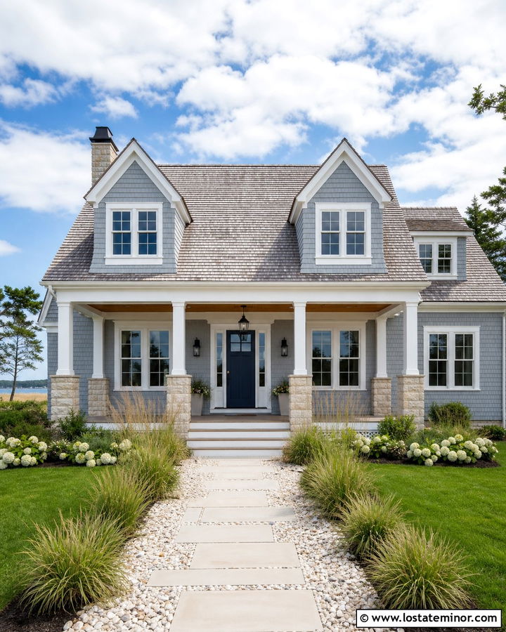 Coastal Shingle House With Light Stone - 30 Stone House Design With Shingles Ideas