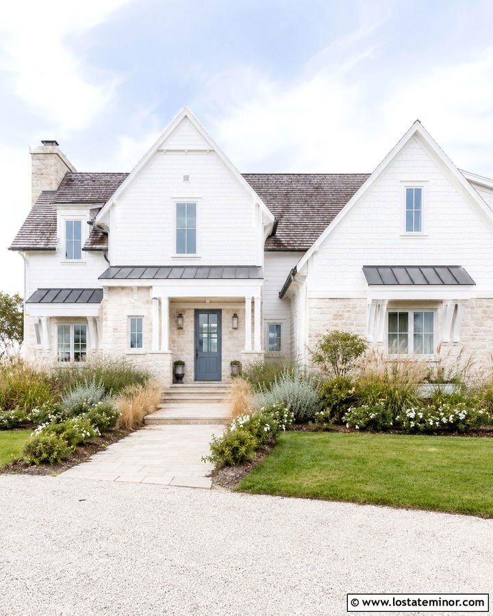 Coastal Stone House With Blue Front Door - 30 Stone House Design With Front Yard Ideas
