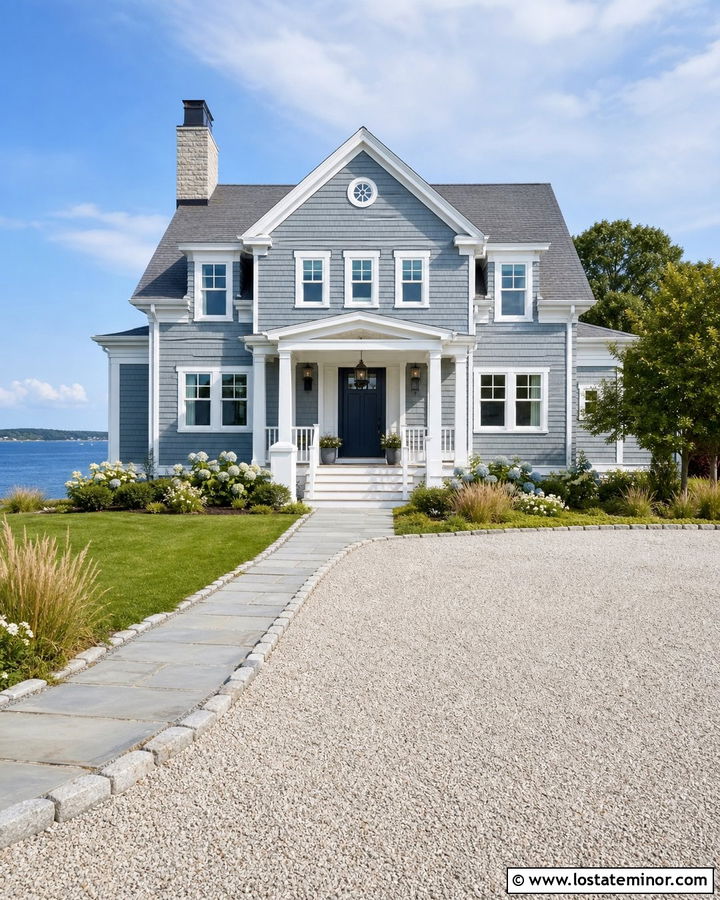 Coastal Stone House With Blue Trim - 30 Stone House Design With Trim Ideas
