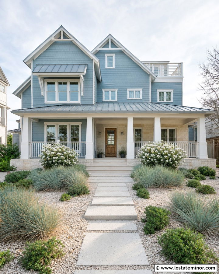 Coastal Stone House With White Square Columns - 30 Stone House Design With Porch Columns Ideas