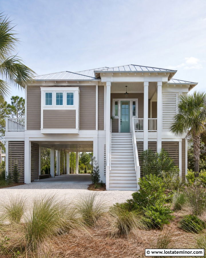 Coastal Taupe House With Raised Carport - 30 Taupe House Design With Carport Ideas
