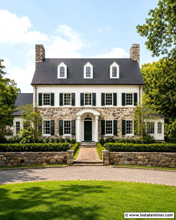 Cobblestone Colonial House With Shutters - 30 Stone House Design With Accents Ideas