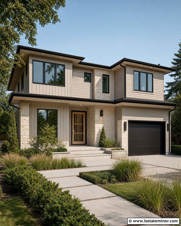 Collingwood House With Matte Black Storm Door - 30 Greige House Design With Storm Door Ideas