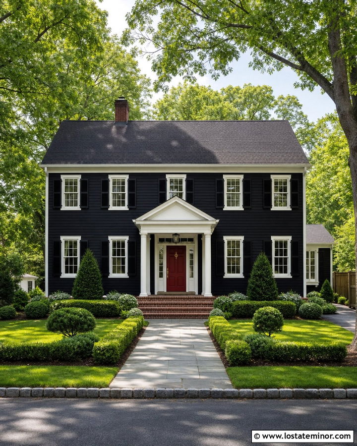 Colonial Black Gable House With Red Door - 30 Black House Design With Gables Ideas