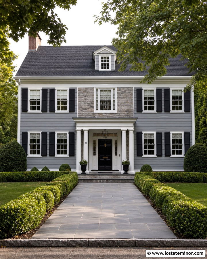 Colonial House With Symmetrical Stone Accents - 30 Stone House Design With Stone Accents Ideas