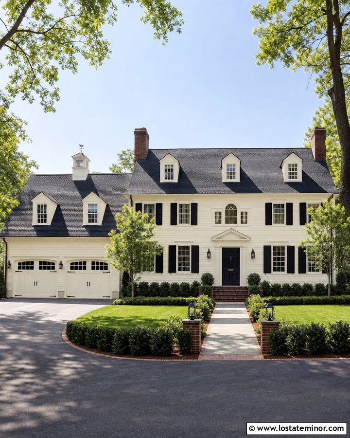 Colonial Off White House With Garage Door - 30 Off White House Design With Garage Door Ideas