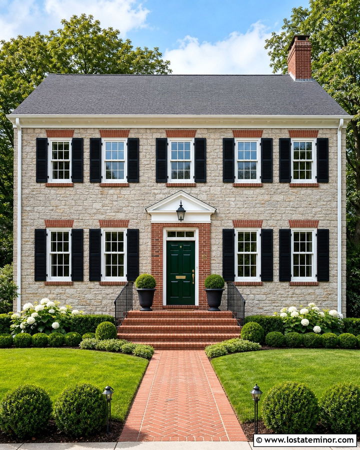 Colonial Stone House With Brick Window Accents - 30 Stone House Design With Brick Accents Ideas