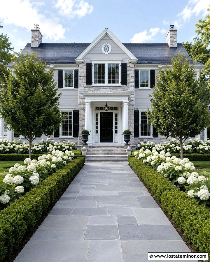 Colonial Stone House With Formal Front Yard - 30 Stone House Design With Front Yard Ideas