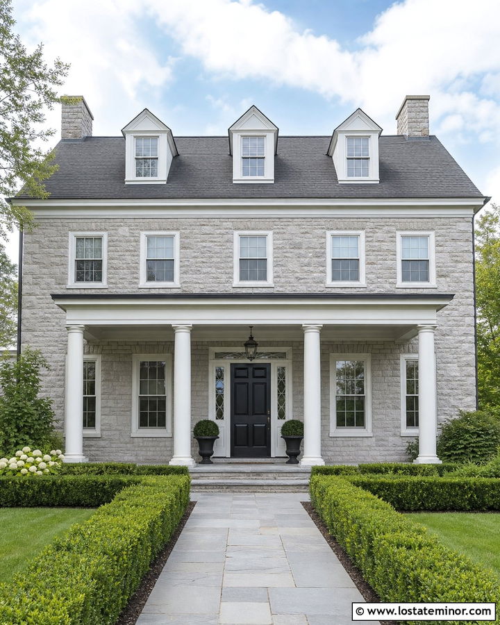 Colonial Stone House With Round Porch Columns - 30 Stone House Design With Porch Columns Ideas