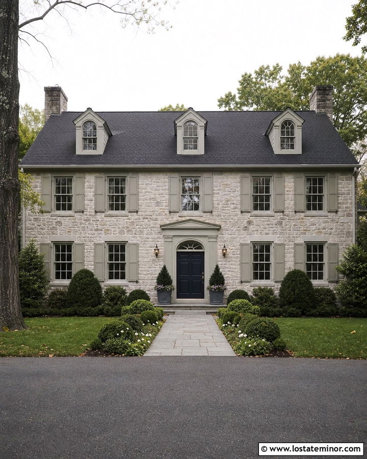 Colonial Stone House With Soft Gray Trim - 30 Stone House Design With Trim Ideas